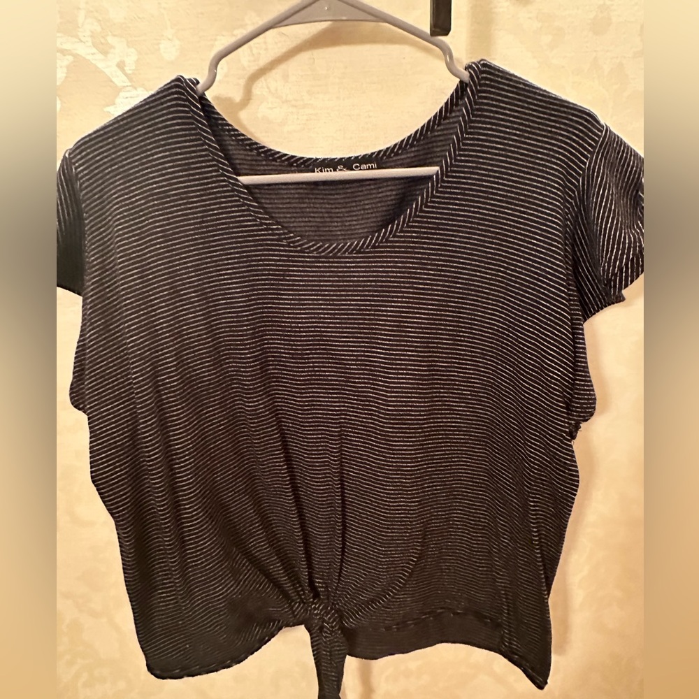 Gently Used Black with White Stripes Tie Front Top